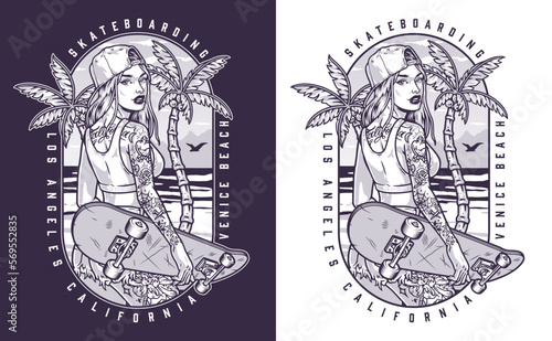 Beach girl skateboarder flyer monochrome