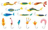 Fishing bait icon set. Fish lure with hook isolated on white background. Abstract contemporary fishery lures and wobblers. Fisher accessories. Vector fisherman equipment