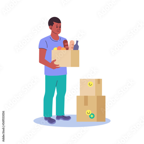 Volunteer with donation food box vector illustration