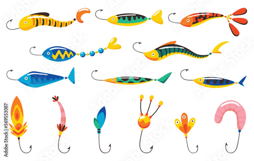 Fishing bait icon set. Fish lure with hook isolated on white background. Abstract contemporary fishery lures and wobblers. Fisher accessories. Vector fisherman equipment