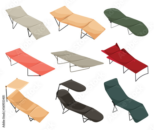 Camping bed icon set. Folding tourist sleep equipment, outdoor travel furniture for rest. Portable recreation accessory, illustration isolated on white background