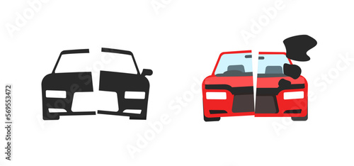 Car broken breakdown icon vector simple black pictogram graphic, flat vehicle damaged accident smoke symbol clipart, automobile auto crash break down minimal shape set
