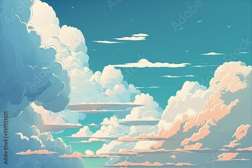 A view of the cloudy sky seen from an airplane flying over them A light toned, abstract background of nature with clouds. Cumulus clouds in white. Generative AI