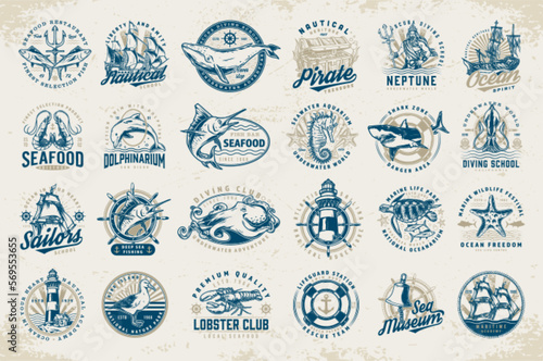 Marine world set logotype colorful