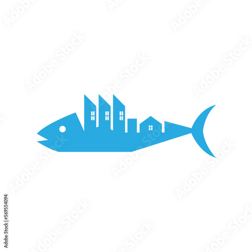 bluefin tuna with the city on it. logo for real estate vector logo illustration
