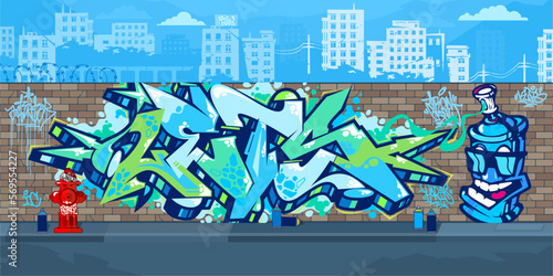 Colorful Outdoor Urban Streetart Graffiti Wall With Drawings Against The Background Of The Cityscape Vector Illustration