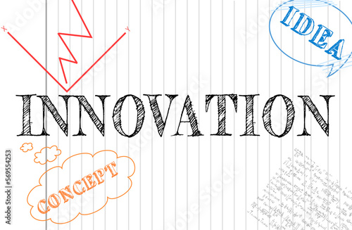 Innovation, concept and idea written on white notebook paper