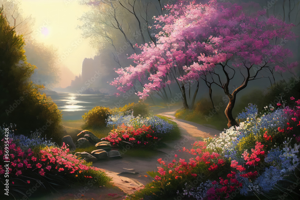 digital art of a spring landscape, with flowers, trees sunlight, created with generative ai