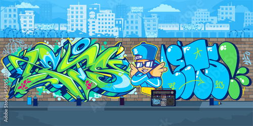 Colorful Outdoor Urban Streetart Graffiti Wall With Drawings Against The Background Of The Cityscape Vector Illustration