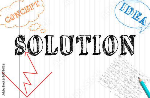Solution, concept and idea written on white notebook paper. motivational concept