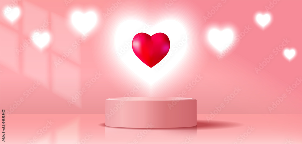 3D valentine day background with pink, coral red realistic cylinder stand podium. Heart shape backdrop. Mockup product display. Pastel minimal wall scene. Stage showcase.