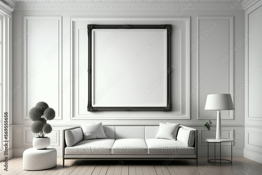 living room all in white decor, warm and comfortable with a blank frame on the wall. fashion furniture, beautiful decor in white. ai generative content living room all in white decor, warm and comfortable with a blank frame on the wall. fashion furniture, beautiful decor in white. ai generative content