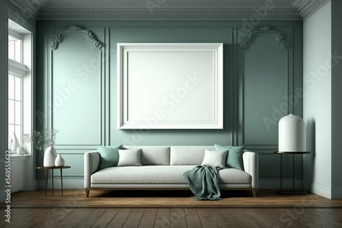 living room all in white and green decor, warm and comfortable with a blank frame on the wall. fashion furniture, beautiful decor in white. ai generative content