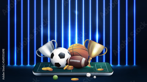 Champion cups and sport balls on smartphone in dark scene with wall of line vertical blue neon lamps on background.