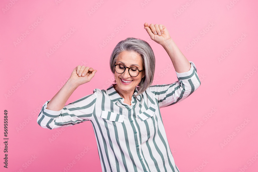 Photo of funny charming woman dressed smart casual outfit dancing having fun isolated pink color background Photo of funny charming woman dressed smart casual outfit dancing having fun isolated pink color background