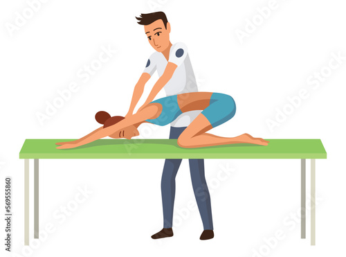 Massage therapist at work. Patient lying on couch, enjoying body relaxing treatment. Physiotherapist practicing massage, isolated cartoon characters. Flat vector illustration