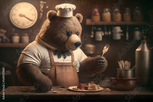 Portrait d'un chef ours dans les cuisines d'un restaurant » IA générative