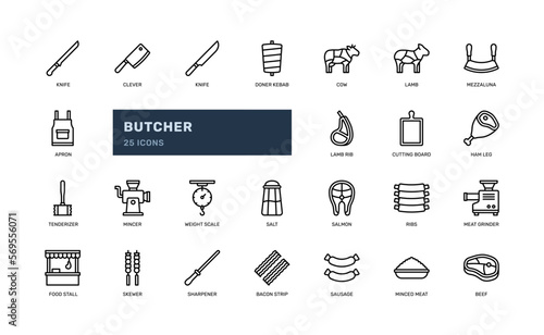 Butcher icons set featuring detailed outline illustrations of meat cuts, knives, cleavers, scales, and other butcher tools. Perfect for food, restaurant, and culinary websites, recipes, and menus