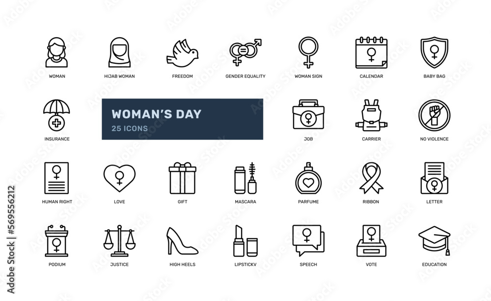 Womens Day detailed outline line icons set with illustrations of women in various roles and activities, including politics, work, and self-care. 