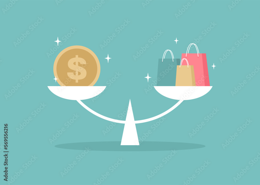 Big gold coin and shopping bags on the scales. Vector illustration in flat style Big gold coin and shopping bags on the scales. Vector illustration in flat style