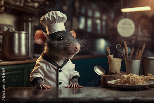 Portrait d'un chef rat dans les cuisines d'un restaurant » IA générative