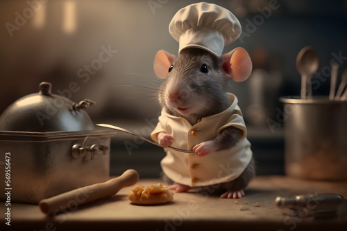 Portrait d'un chef bébé rat dans les cuisines d'un restaurant » IA générative