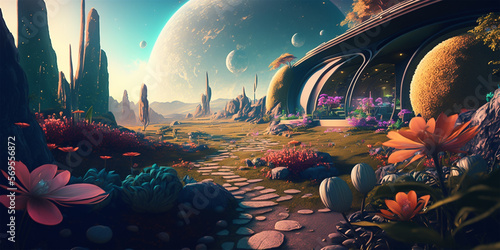 Colorful dreamland utopia scene background. Generative AI illustration.