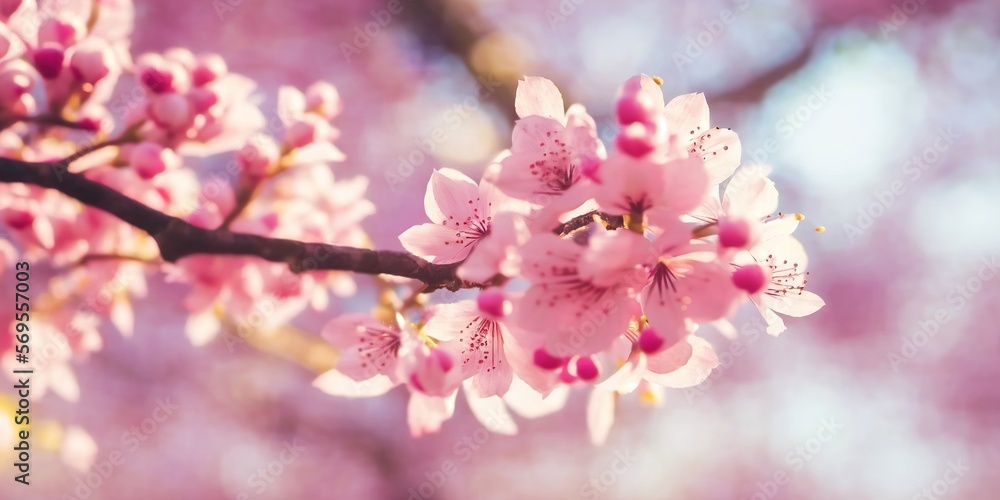 Obraz premium Spring white pink blossom tree blooming on nature with close up view and soft bokeh background, generated with AI