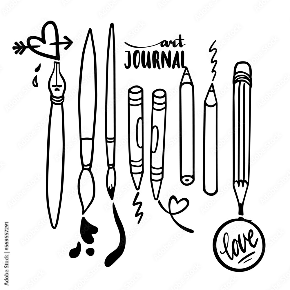 art journal writing painting equipment set graphic monochrome vector elements isolated on white background