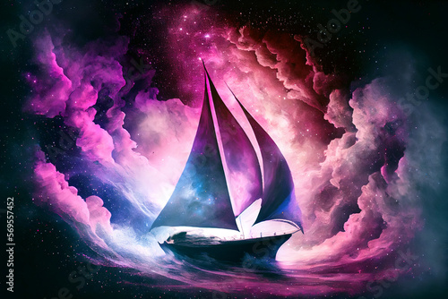 Fantasy sailboat in nebular mist waters. Atmospheric dark tone lights.
Digitally generated AI image