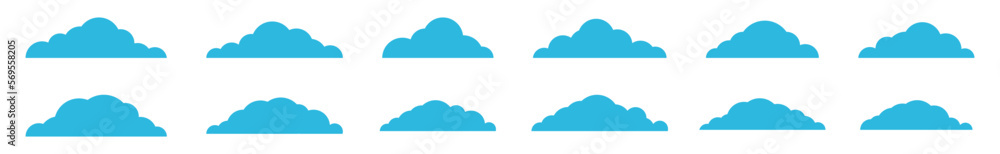 Blue cloud icons set. Cumulus cloud in line and flat style. Weather cloud shapes or blue sky symbol collection for apps and websites, vector illustration Blue cloud icons set. Cumulus cloud in line and flat style. Weather cloud shapes or blue sky symbol collection for apps and websites, vector illustration