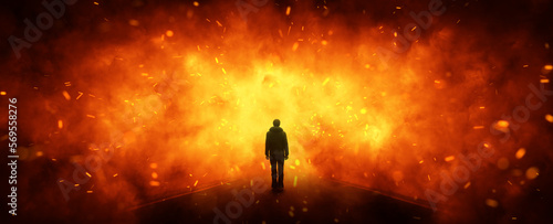 Fototapeta Naklejka Na Ścianę i Meble -  Realistic dark red fire flames with a people silhouette copy space background.