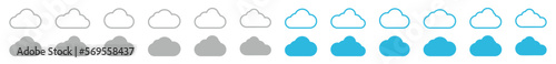 Blue cloud and overcast cloud icons set. Cumulus cloud in line and flat style. Weather cloud shapes or blue sky symbol collection for apps and websites, vector illustration