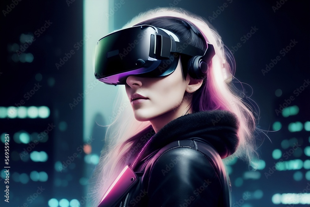A girl with VR glasses in cyberpunk style A girl with VR glasses in cyberpunk style
