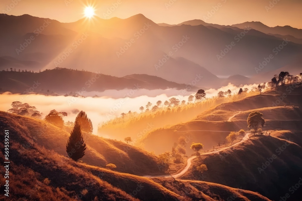 Beautiful mountain scenery at Doi Hua Mae Kham, Mae Salong Nai, Chiangrai, Thailand, in the morning sunlight and winter fog. Generative AI Beautiful mountain scenery at Doi Hua Mae Kham, Mae Salong Nai, Chiangrai, Thailand, in the morning sunlight and winter fog. Generative AI