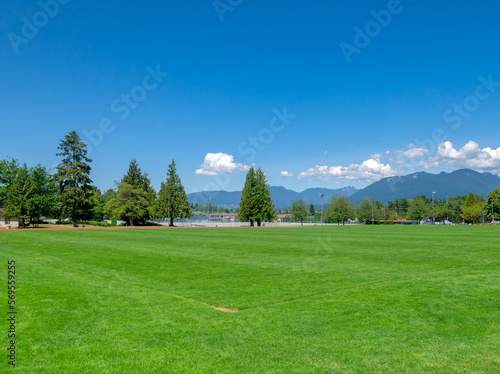 Football grass field on bright sunny day in Vancouver