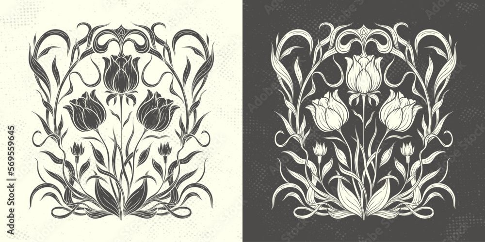 Fototapeta premium Frame with a tulip in the style of Art Nouveau. Beautiful tulip vintage floral composition 1920-1930 years.