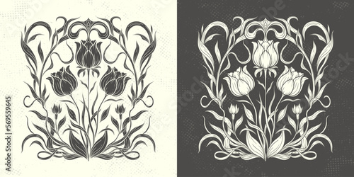 Frame with a tulip in the style of Art Nouveau. Beautiful tulip vintage floral composition 1920-1930 years.