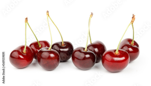 Dark red ripe cherries on a white background.