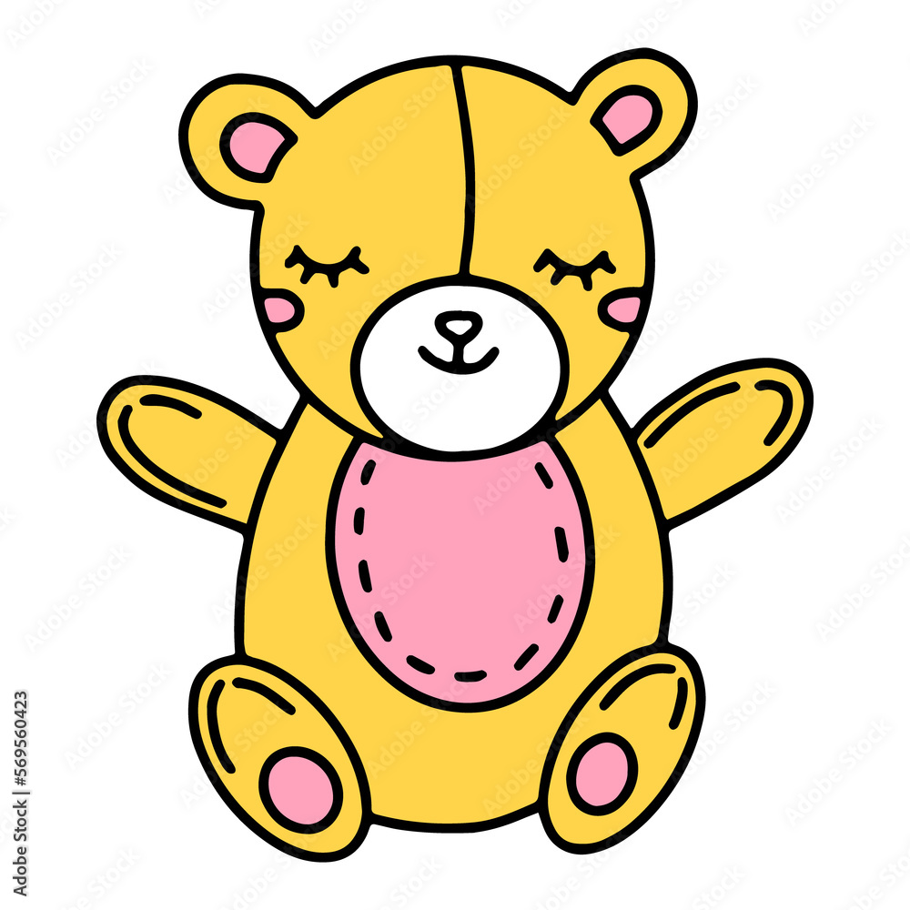 Cute illustration of a yellow teddy bear toy with a smile in the style of a hand-drawn cartoon Cute illustration of a yellow teddy bear toy with a smile in the style of a hand-drawn cartoon
