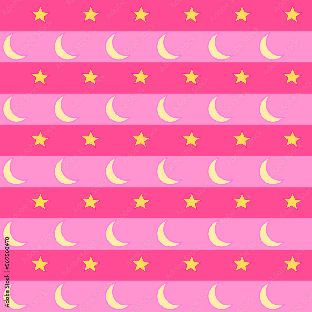 Sweet and beautiful vector design. Yellow moons and stars on pink tone background. Seamless pattern. Horizontal stripes arranged. Sweet and beautiful vector design. Yellow moons and stars on pink tone background. Seamless pattern. Horizontal stripes arranged.
