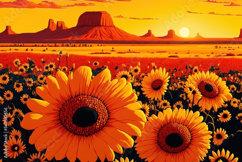 Sunrise or sunset in a mutitjulu, Australia sunflower field is breathtaking. Generative AI photo