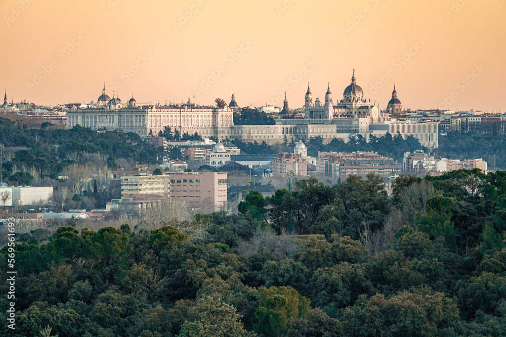 Panoramic view of the city of Madrid during a sunset, roofs and skyline	
