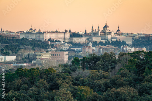 Panoramic view of the city of Madrid during a sunset, roofs and skyline 