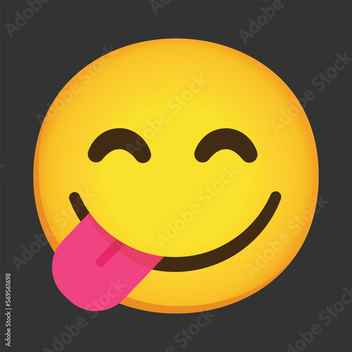 Face Food delicious vector icon. Isolated yellow face with smiling eyes and a broad, closed smile with its tongue sticking out of one corner, as if licking its lips in appetite or contentment.