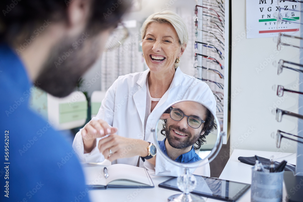 Obraz premium Mirror, glasses or happy man consulting a doctor for professional eyesight advice with at a retail store. Customer checking to see vision health with a trusted senior optician or ophthalmologist
