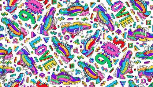 90s seamless pattern with sneakers, geometric shapes and text love 90s. Bright colors, trendy retro design 