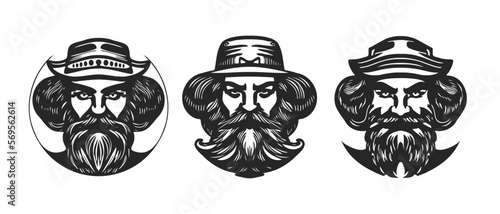 Vector set of male hairy, bearded heads in hats. Icons, stickers or logos on a white isolated background. Black and white simple portraits of brutal older men.