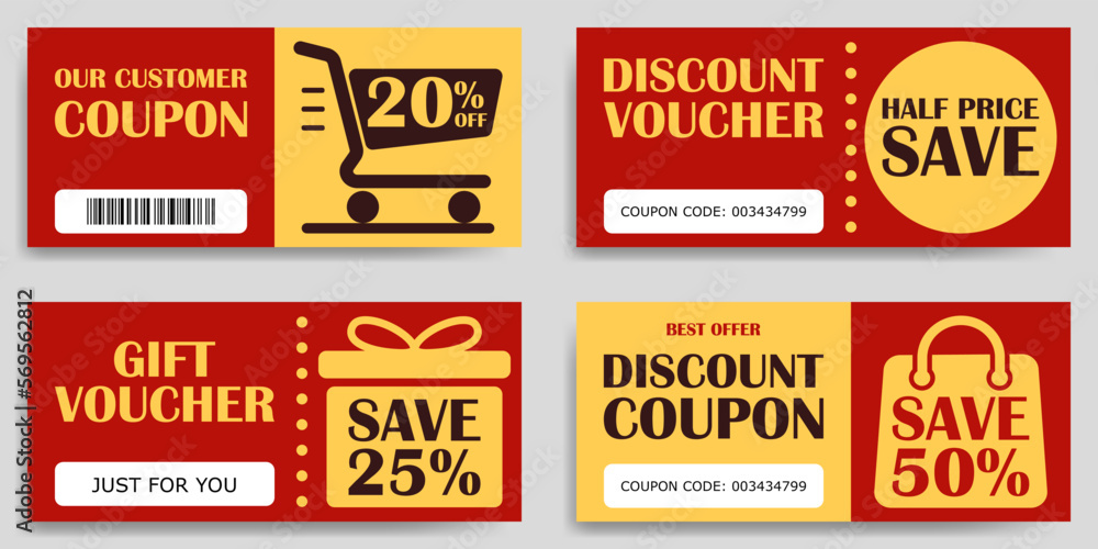 Set of discount coupons, gift vouchers for shopping. Vector illustration