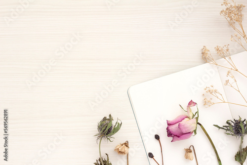 White notebooks, roses and other dried flowers and copy space on a white wooden table © nak